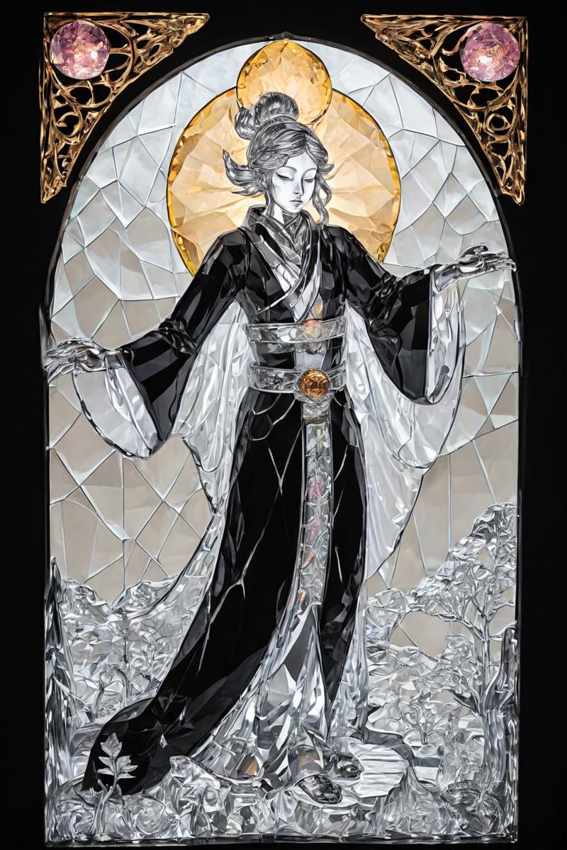 PAMCRYSTAL_13 Stained Glass, black background, a coloured line drawing of an illuminated silver-toned Japanese Tarot The Fool standing on a cl 3415964099 c=7.5 40 0.4 DPM++ 2M Karras crystalClearXL_ccxl.jpg